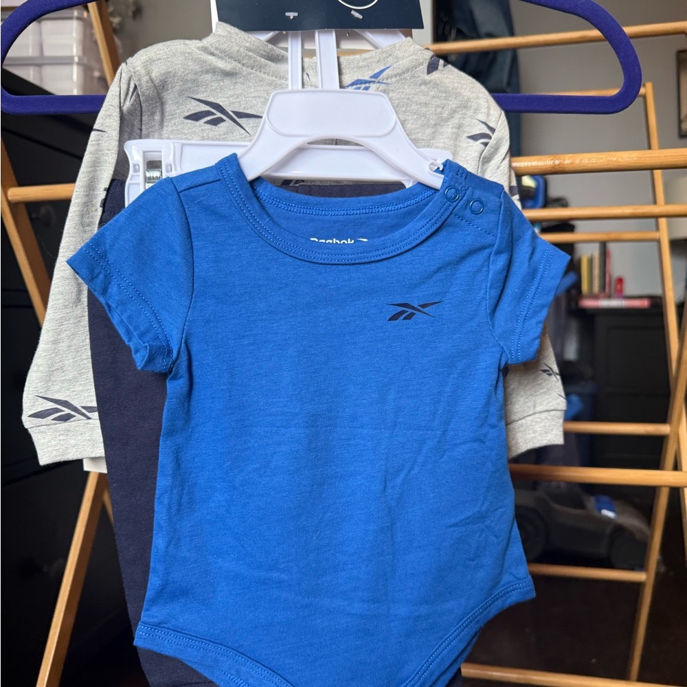 Reebok 3-piece Infant onesie, shirt, and pant set in Navy, blue, and gray